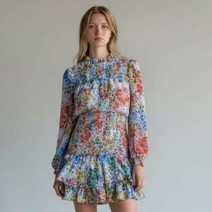 Aqua Floral Ruched Long Sleeve Dress Women’s Medium